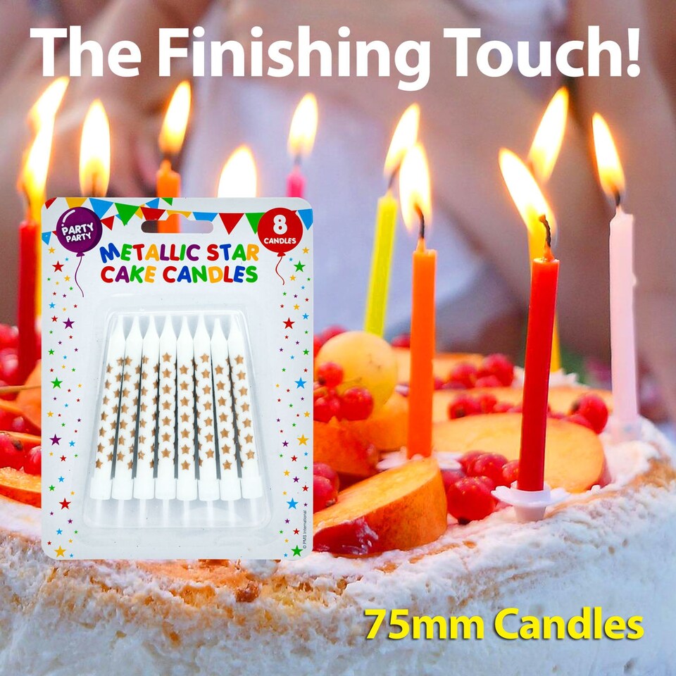 image 1 of VFM e-Store 8 Metallic Gold Birthday Cake Candles with Stars - Wax, One Size