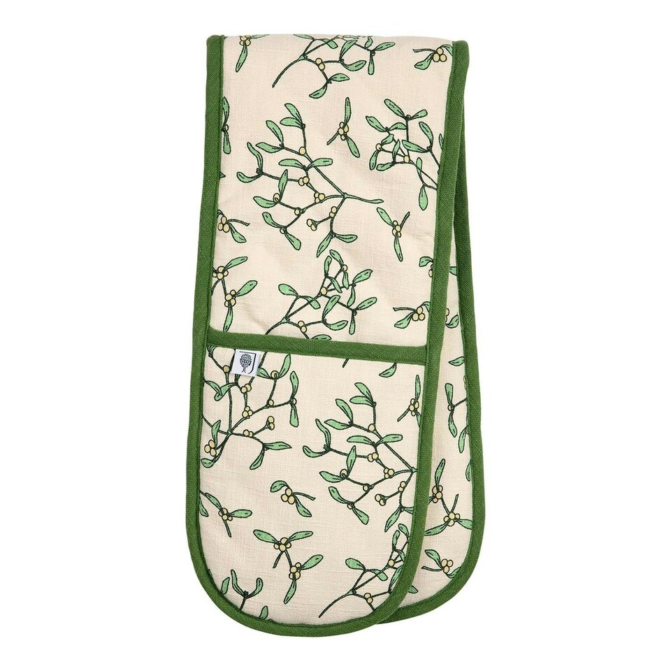Dexam RHS Mistletoe Cotton Ivory Double Oven Gloves Green