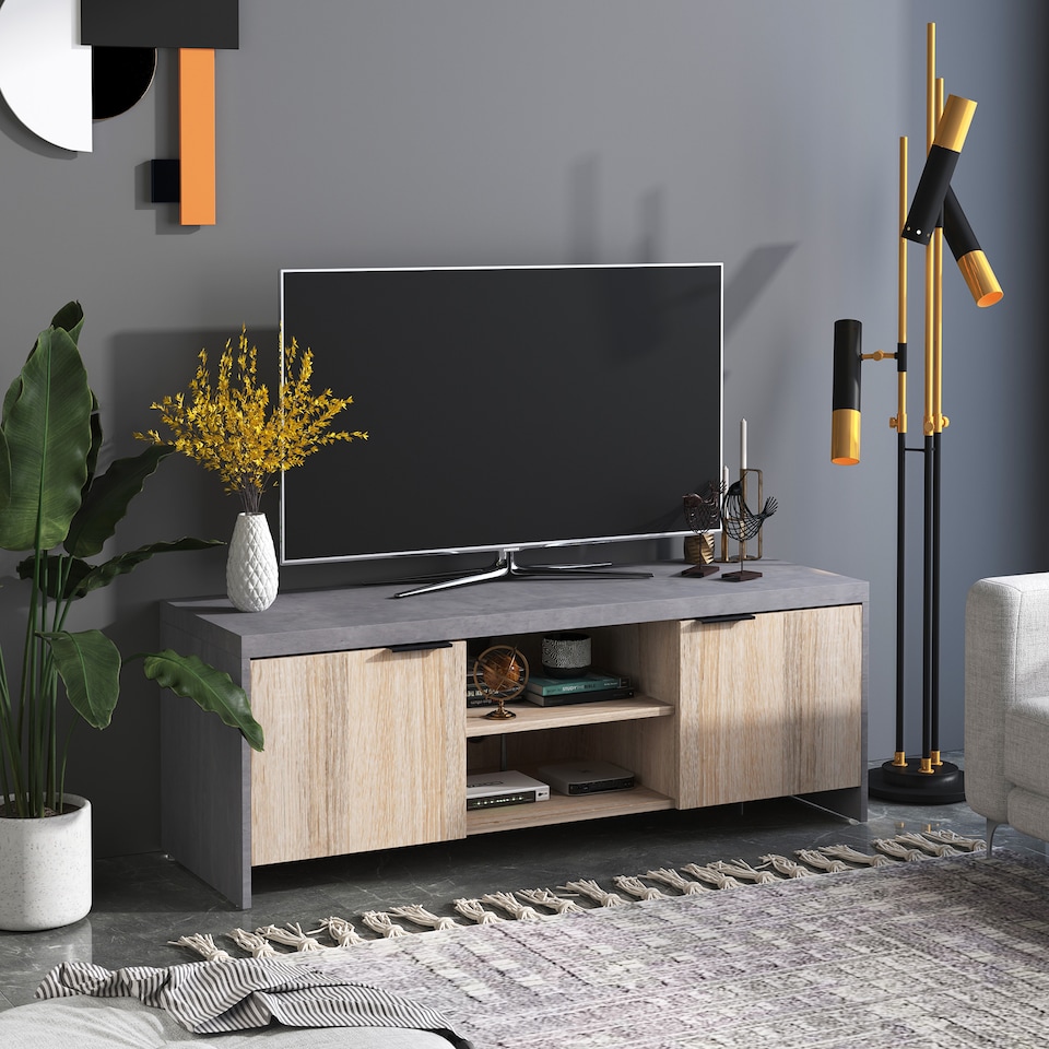 image 1 of HOMCOM TV Stand for TV up to 55 , 2 Doors TV Cabinet with Open Shelves, TV Unit TV Table for Living Room Bedroom Entertainment Room, 120L x 40W x 44H, Grey