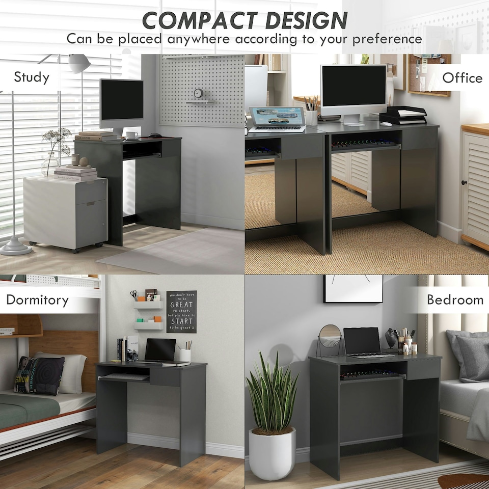 image 1 of HOMCOM Compact Computer Table w/ Keyboard Tray Drawer Study Office Work, Grey