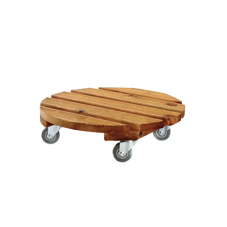image 1 of Tom Chambers Handcrafted Heavy Duty Round Traditional Wood Garden Patio Plant Flower Pot Stand Caddy Trolley Dolly on Strong Metal Castor Wheels 40cm