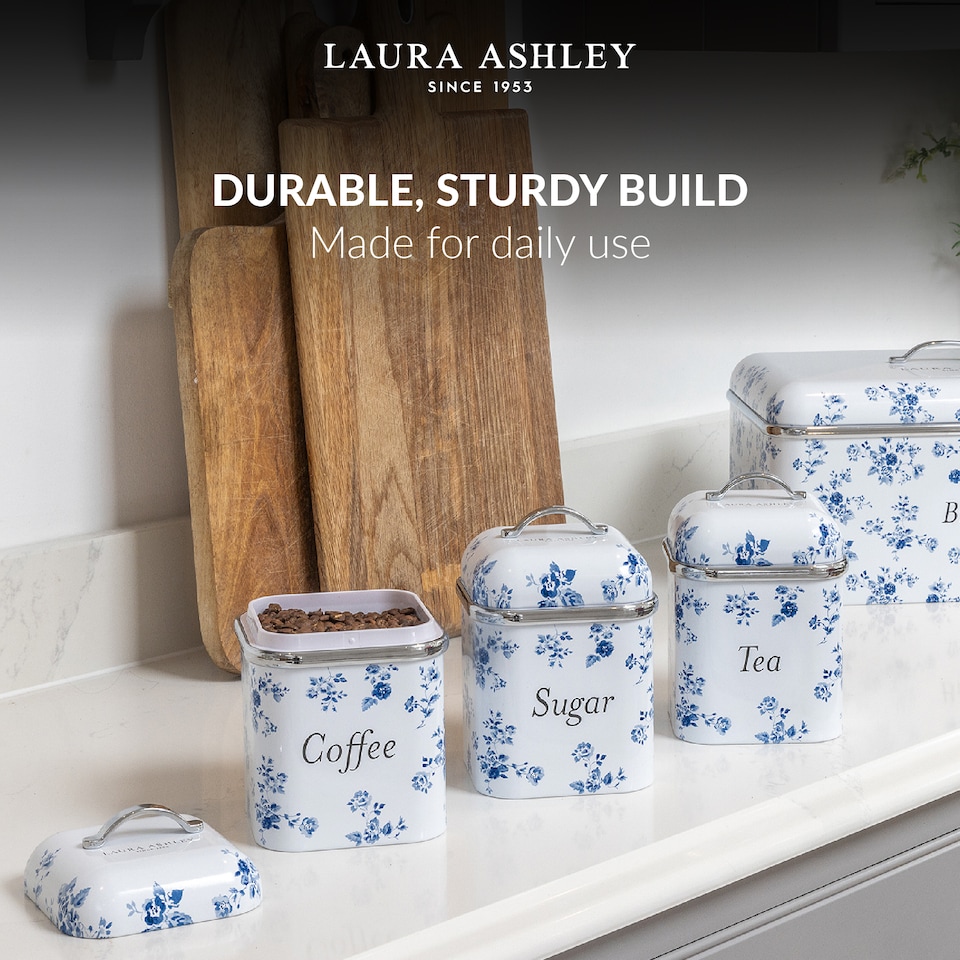image 1 of VQ Laura Ashley Tea Coffee and Sugar Canisters Set of 3 Stainless Steel Tea