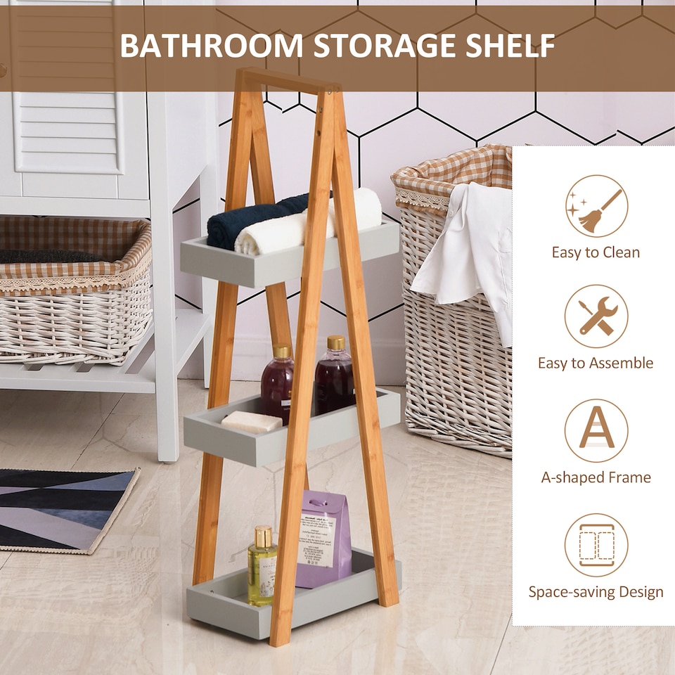 image 1 of kleankin Bathroom Storage Shelves, 3-Tier Slim Shelving Unit, Freestanding Bamboo Shelf Unit, A Frame Space Saver Toilet Rack, Natural