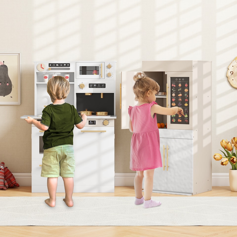 image 1 of COSTWAY Kids Wooden Kitchen 2-Piece Modular Pretend Play Kitchen w/Light-White