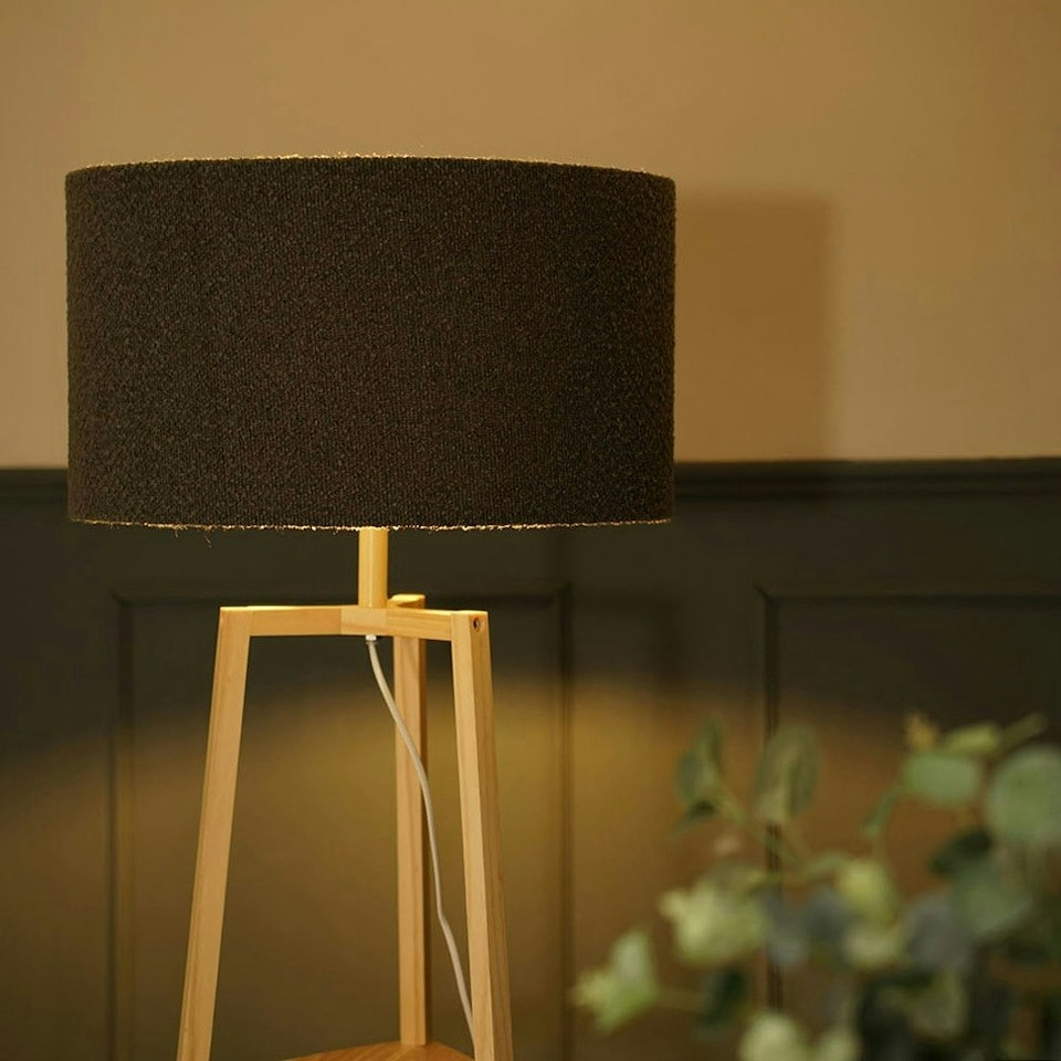 image 1 of ValueLights Hiru Wooden 3 Tier Shelf Floor Lamp Charcoal Boucle Shade & Bulb | Brown | Charcoal