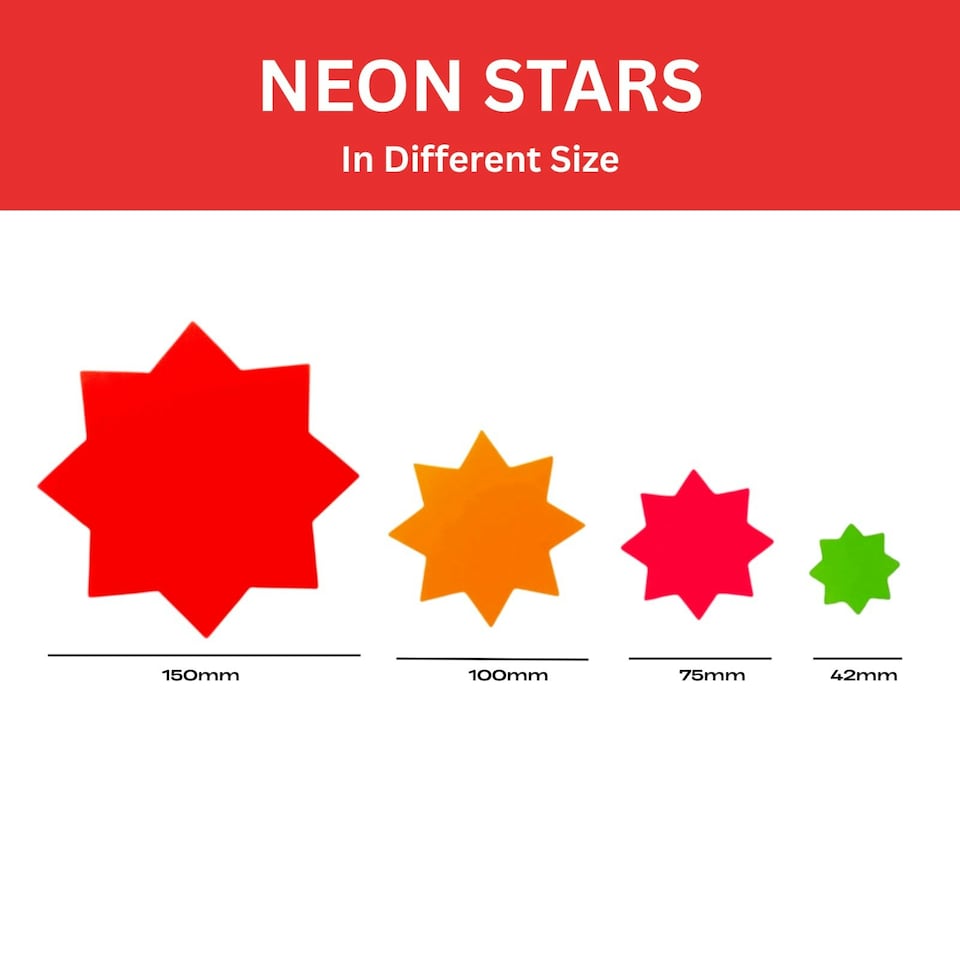 image 1 of Pack of 50 Assorted Coloured Neon Fluorescent Stars & Flashes in Assorted Size