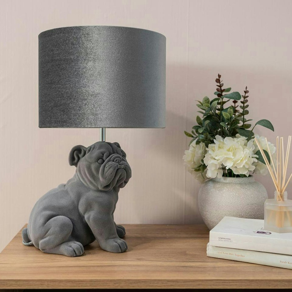 image 1 of ValueLights Billy Bulldog Velvet Grey Table Lamp with Grey Velvet Drum Shade