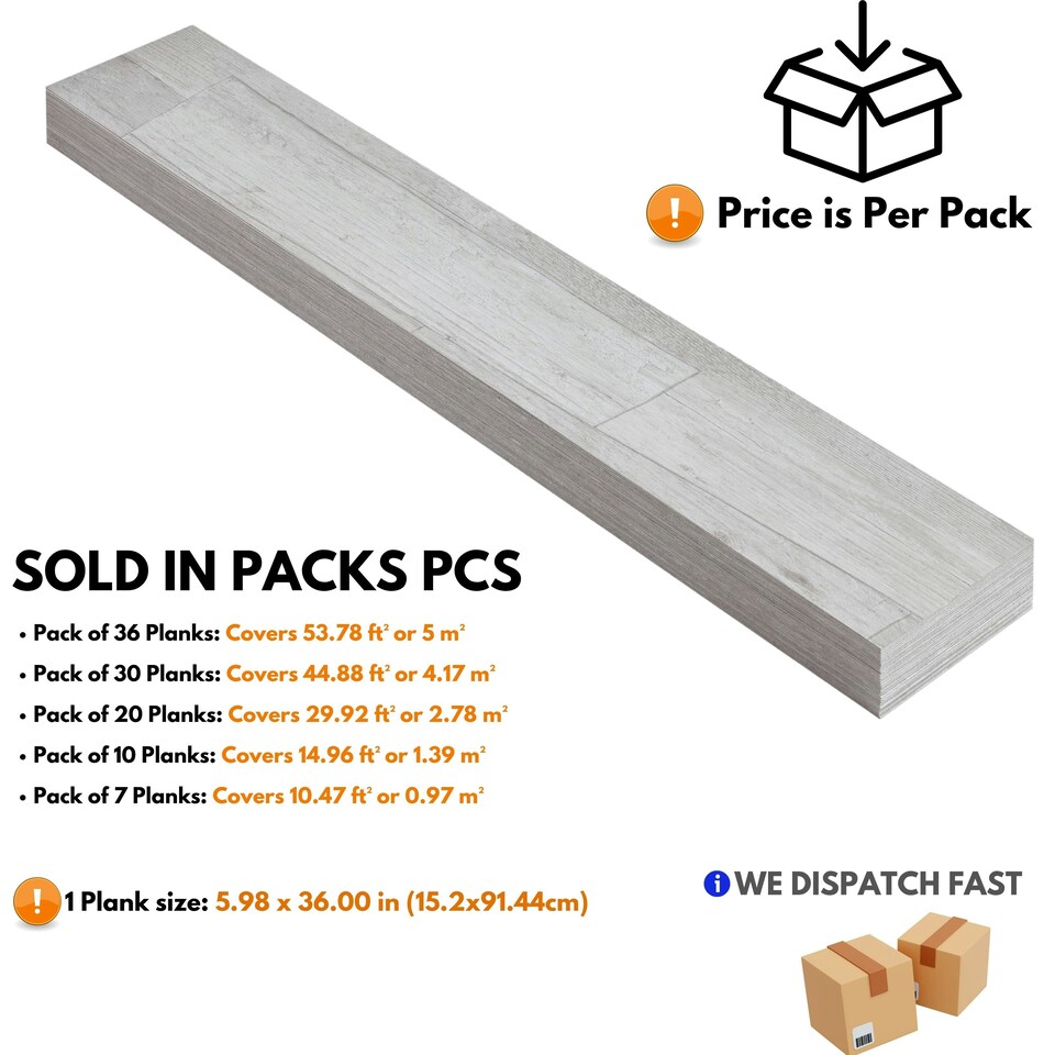 image 1 of NOVECRAFTO Self Adhesive Vinyl Floor Plank – Peel & Stick 36x5.98 in – Light Grey Ash Breeze – Wood Effect – Waterproof DIY Flooring – Easy to Install Grey | 0.97 sqm