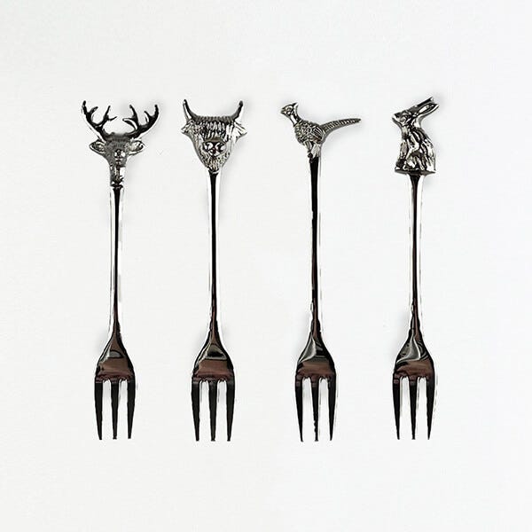 Selbrae House Set of 4 Country Animals Pastry Forks in Silver