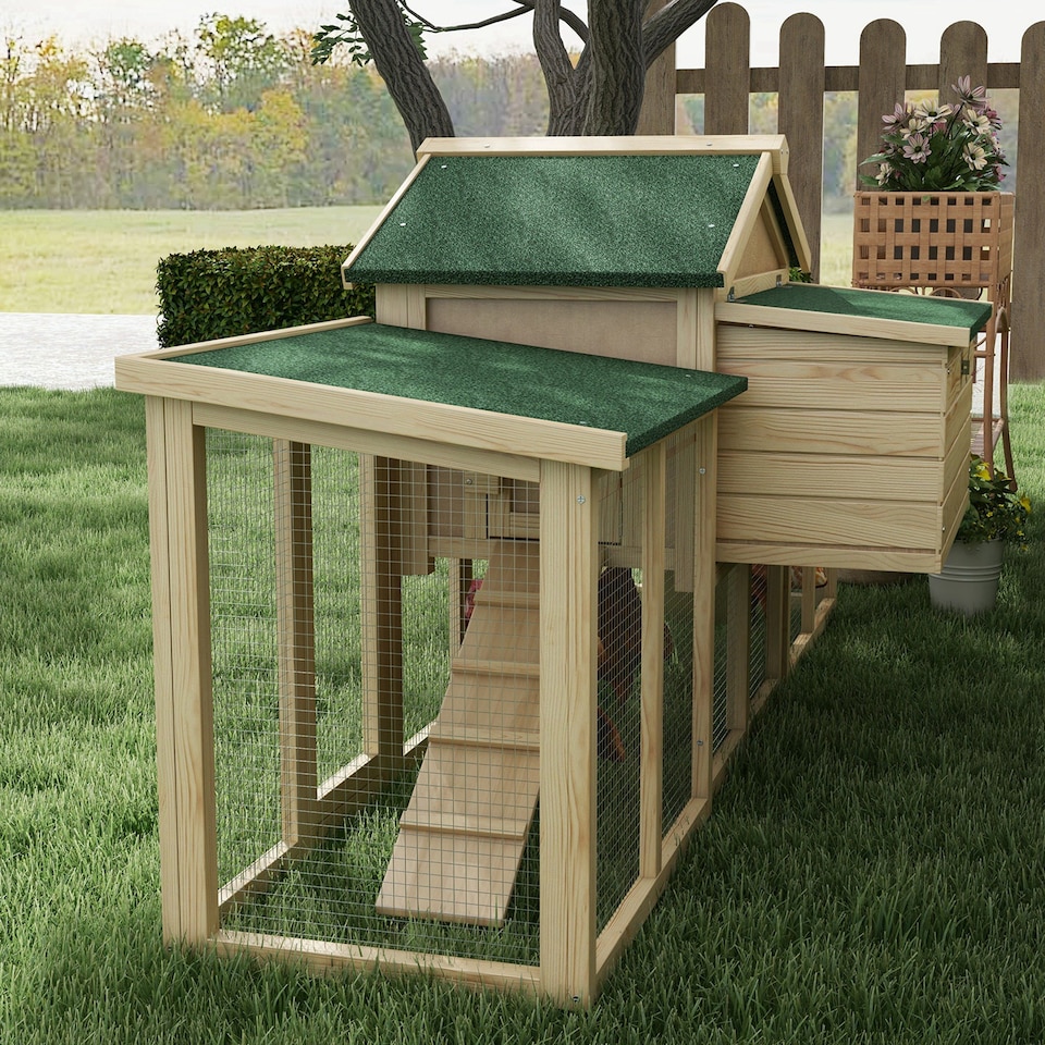 image 1 of PawHut Large Chicken Coop with Run Garden Hen House Poultry Coops Cages with Nesting Box Wooden 204 x 85 x 93cm, Natural Wood Finish