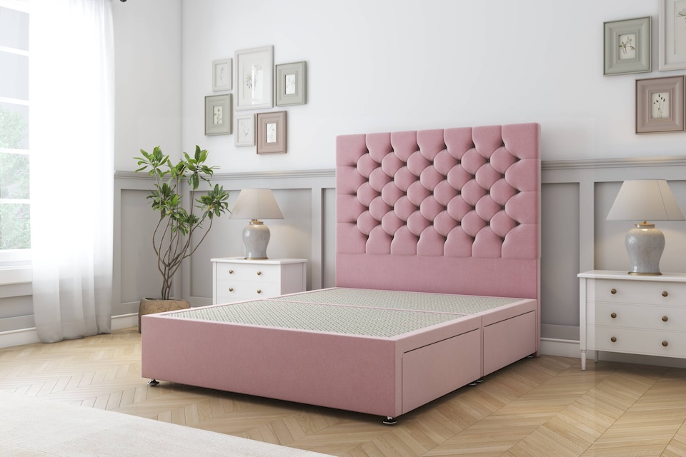 image 1 of Sloomy Mayfair Pink Plush Divan Bed Base 2 Drawers Same Side With 26 Inch Strutted Headboard | Pink | Pink | Super King | 1
