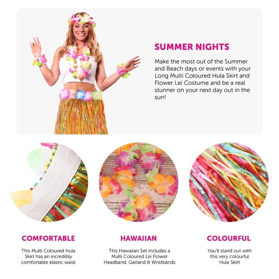 image 1 of Pack of 12 80cm Hawaiian Long Multicoloured Hula Skirt & Lei Multi | One Size