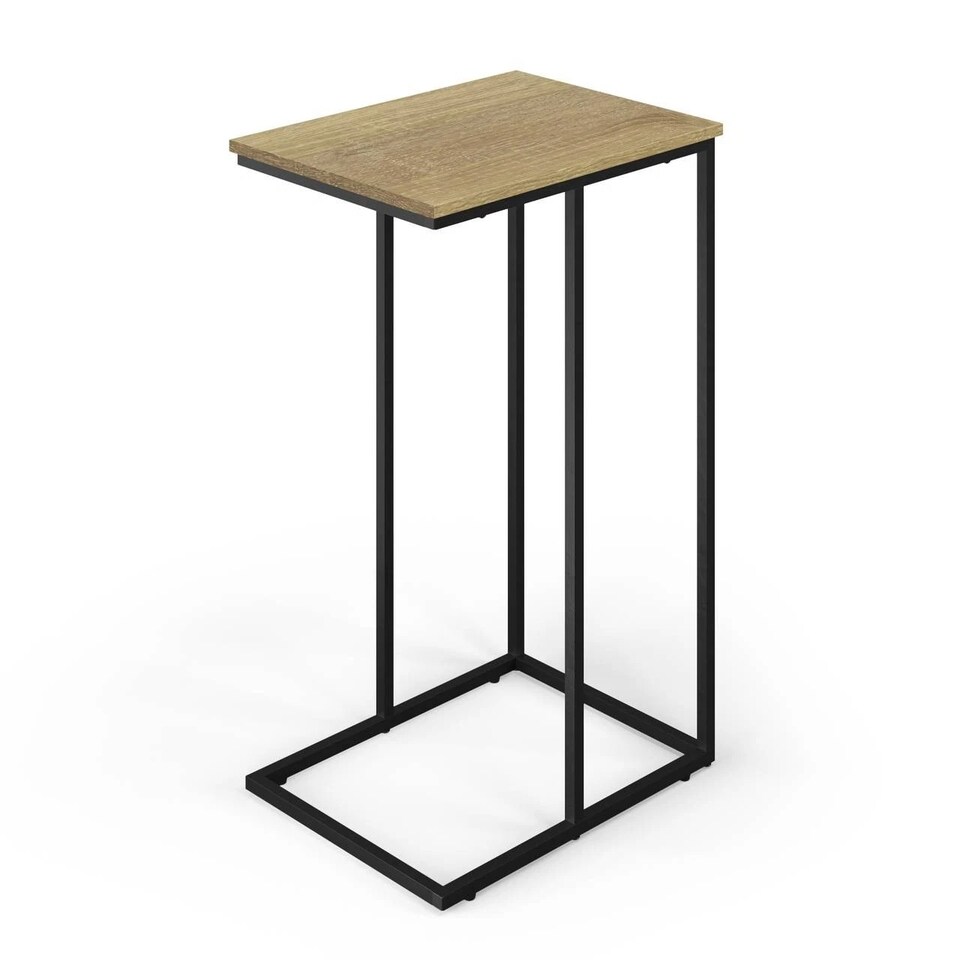 image 1 of Modern End C Shaped Industrial Sofa Side Table with Steel Frame Wood Top Decor | Black | Modern Oak | 1