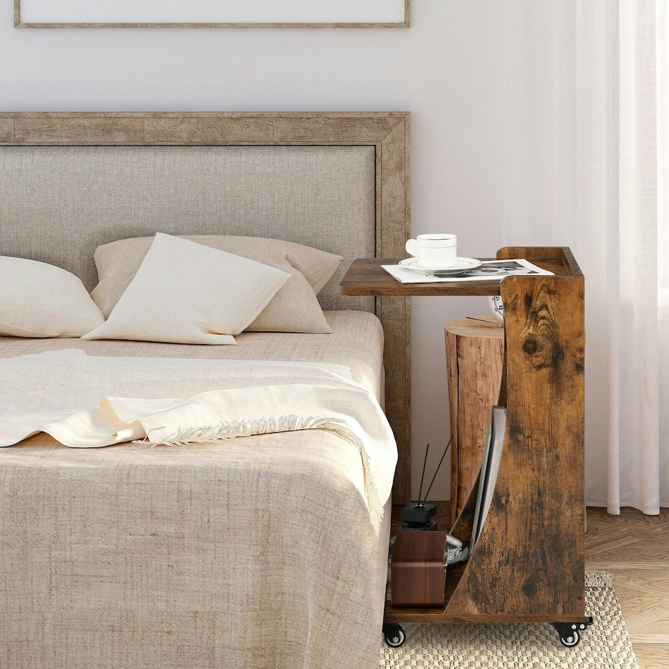 image 1 of COSTWAY C-Shaped End Table Mobile Sofa Side Table Brown