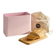 Cooks Professional Diamond Pattern Bread Bin with Linen Bag & Bamboo Cutting Board Lid | Pink | Pink | 1