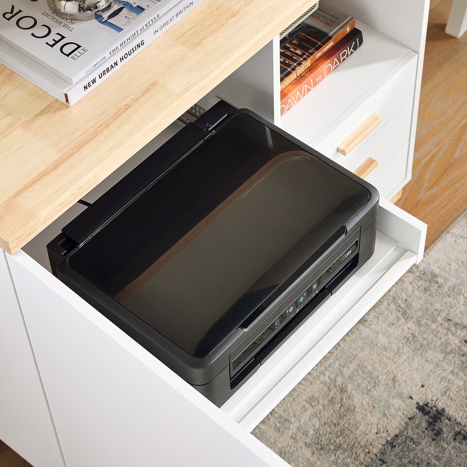 image 1 of SoBuy Printer Stand Under Desk Storage Cabinet with Open Shelf and 3 Drawers, White & Natural Wood, 35.4x17.7x29.5 in, 45.1 kg - ASK07-WN