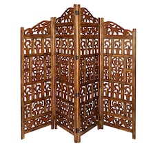 4 Panel Heavy Duty Carved Screen Wooden Gamla Design Room Divider Light Brown 200 x 180 cm | Brown | Light Brown | 200 x 180 cm
