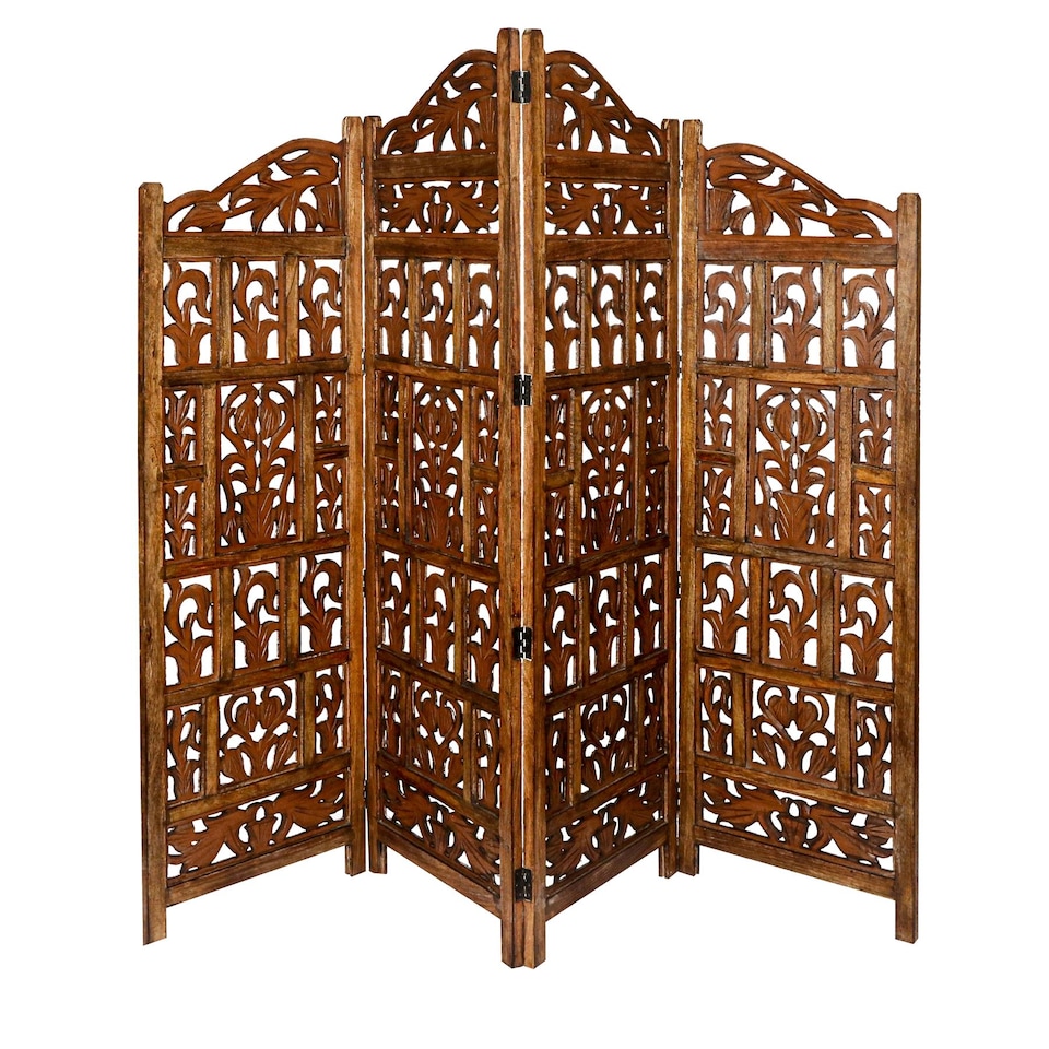 image 1 of 4 Panel Heavy Duty Carved  Screen Wooden Gamla Design Room Divider Light Brown 200 x 180 cm | Brown | Light Brown | 200 x 180 cm