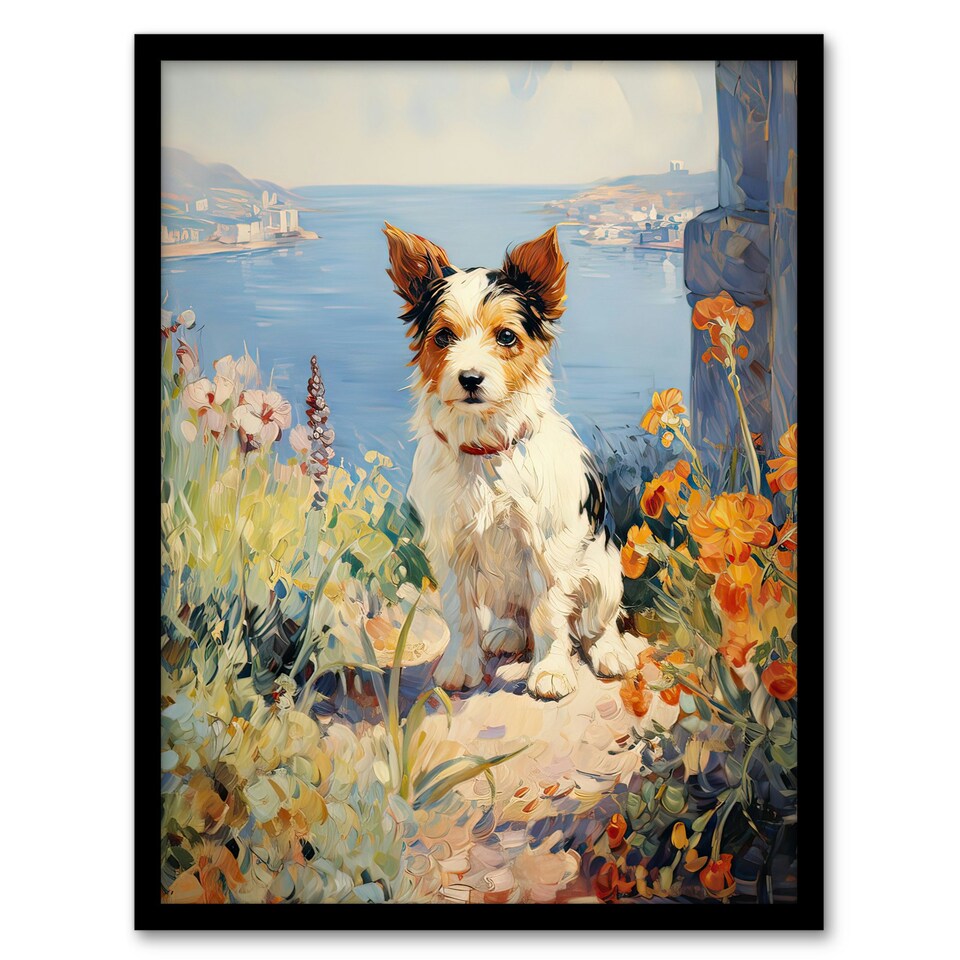 image 1 of Jack Russell Terrier Floral Dog Portrait Oil Black Framed Wall Art Print A4
