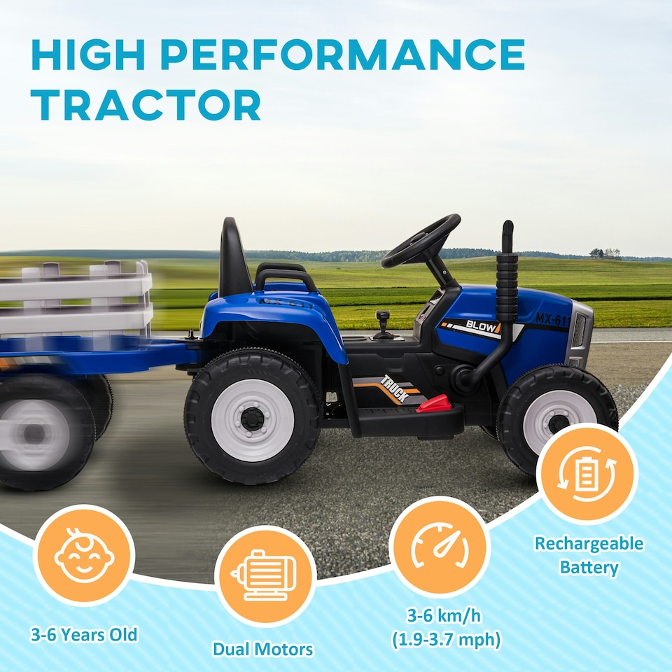 image 1 of HOMCOM Ride On Tractor with Detachable Trailer, Remote Control, Music, Blue