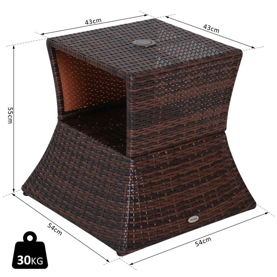 image 1 of Outsunny Rattan Wicker Tea Coffee Table w/ Umbrella Hole Storage Space Brown
