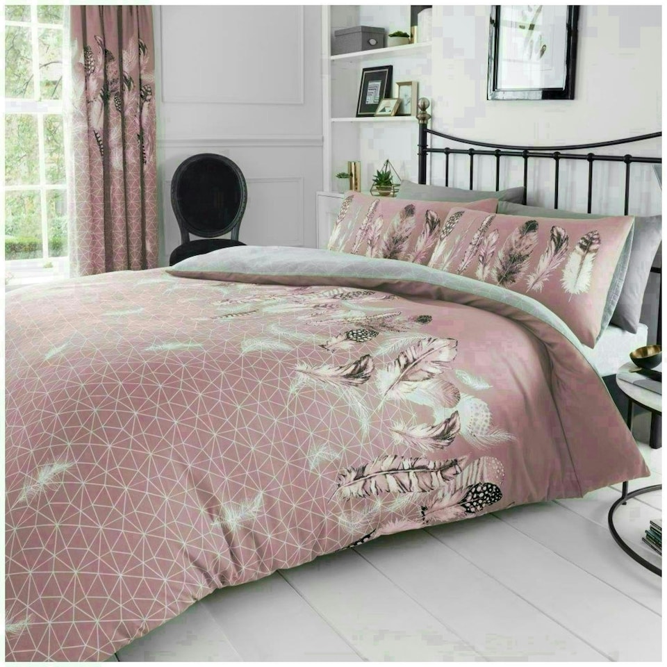 image 1 of VELVETIO Feathers Geometric Printed Duvet Cover Set Reversible Polycotton Beddings Pink | Double