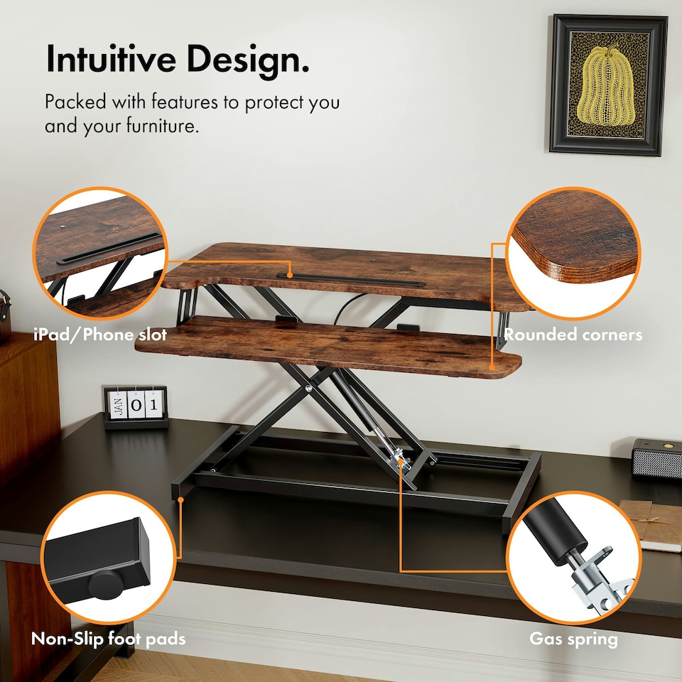 image 1 of VonHaus Height Adjustable Dark Wood Standing Desk Converter, 80cm length Brown