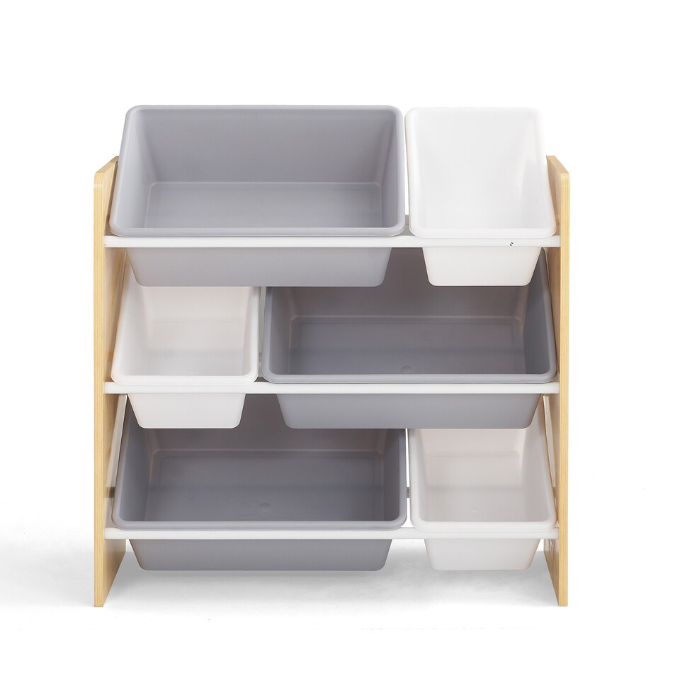 image 1 of Hooga Wooden Toy Storage Unit with 6x Removable Toy Boxes - Children's Toy Organiser, 3 Shelves | Brown | Natural Wood | One Size | 1