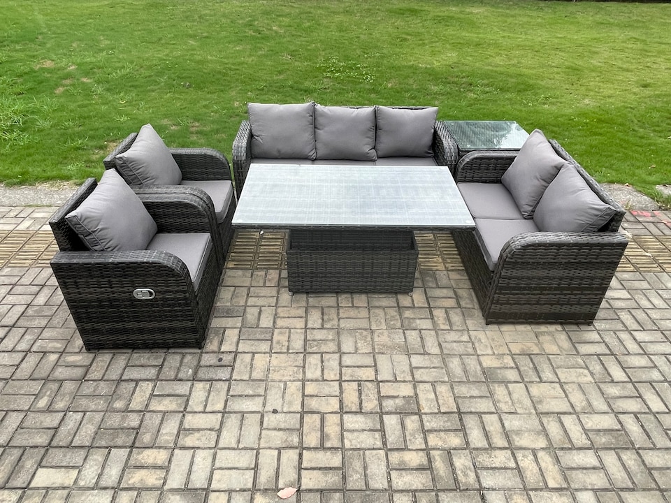 image 1 of Fimous Wicker PE Rattan Outdoor Garden Furniture Sets Height Adjustable Rising lifting Dining Table Reclining Chair Sofa Set with Side Table Dark Grey Mixed