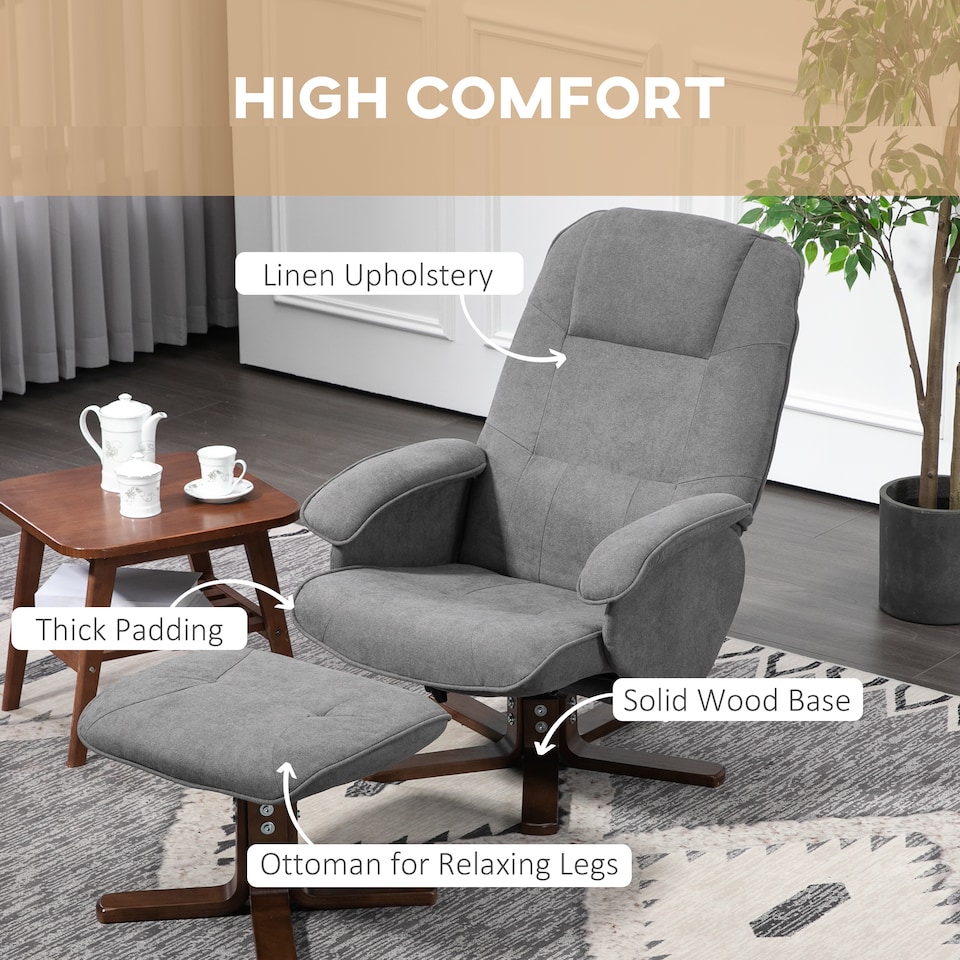 image 1 of HOMCOM Swivel Recliner Chair with Footstool and Wooden Base, Grey