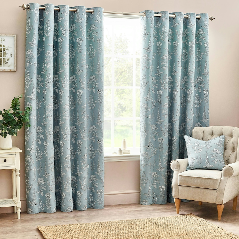 image 1 of Wylder Floral Jacquard Blue Eyelet Curtains (W)229cm x (D)137cm | Multi