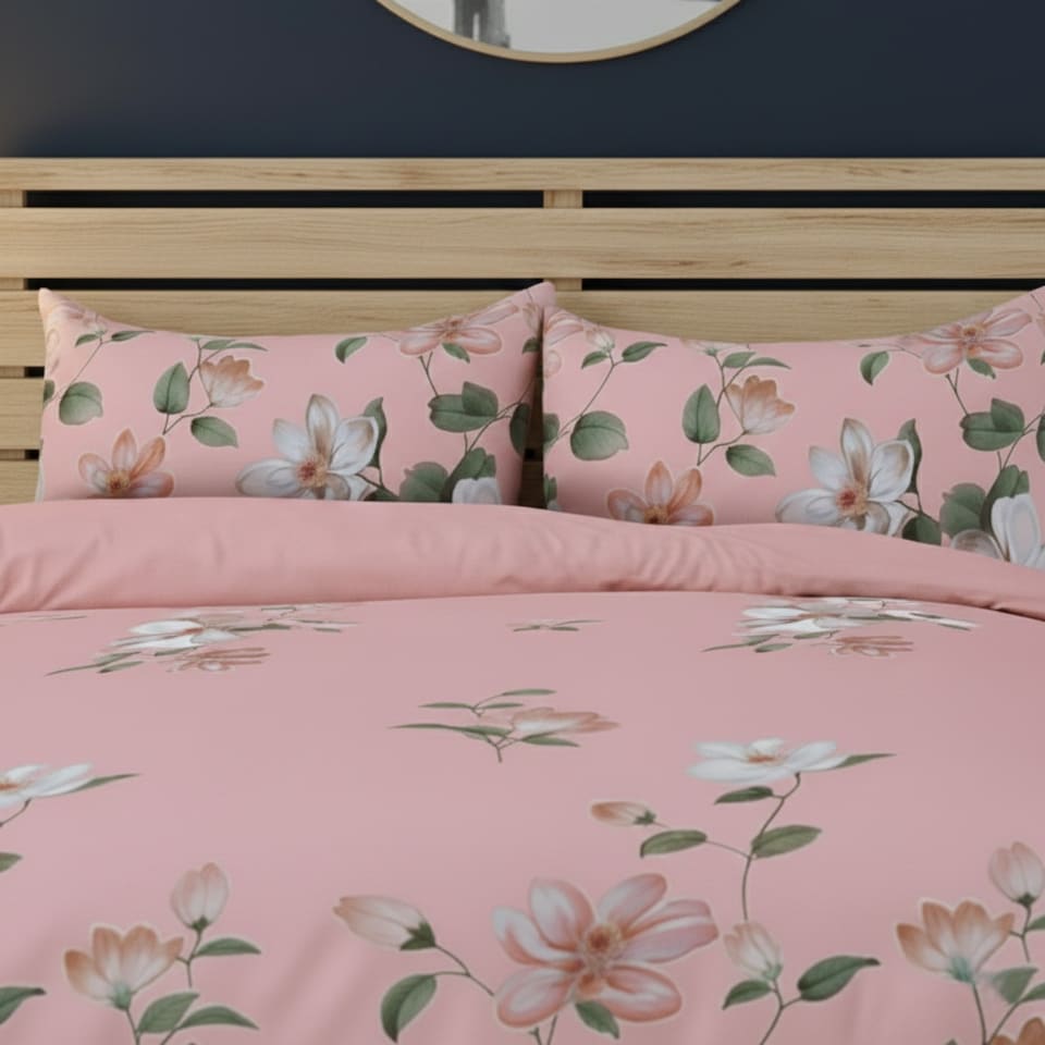 image 1 of Flower Complete Bedding Set Duvet Cover Set Pillowcase Fitted Sheet | Pink | Single