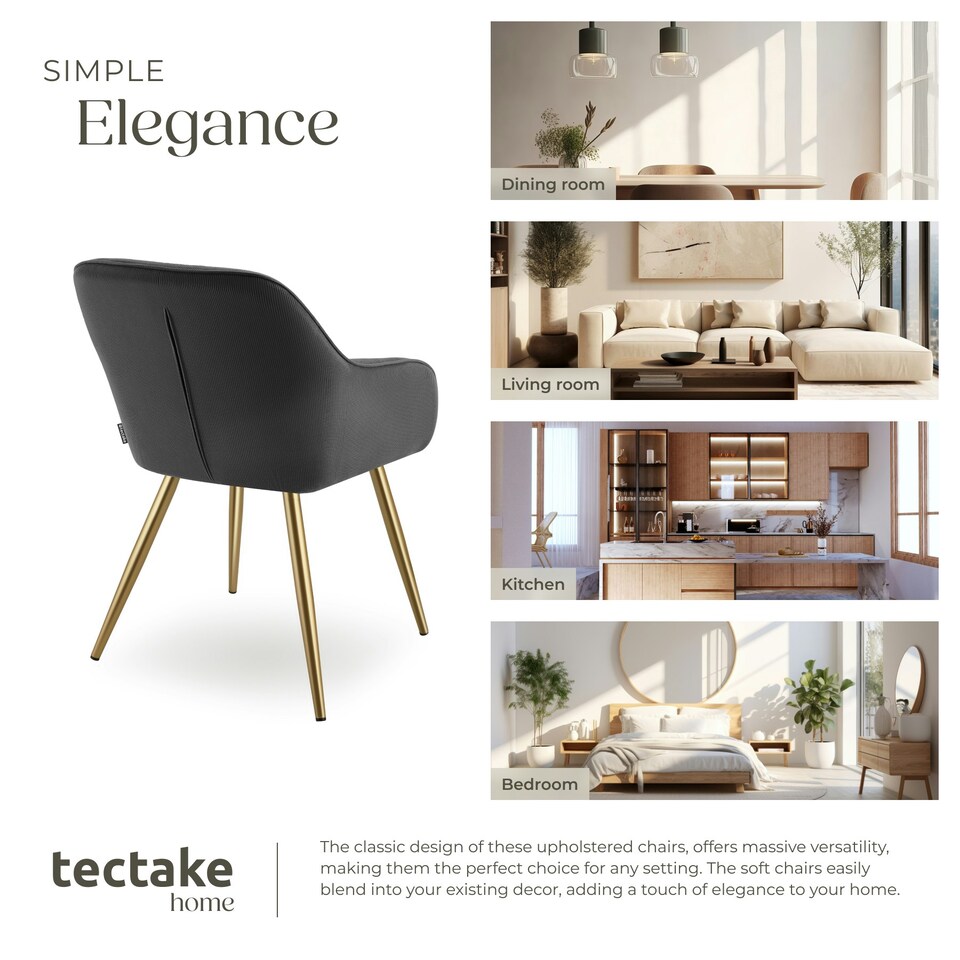 image 1 of Dining Chair Marilyn - corduroy look, upholstered, armchair, continuous backrest - Set of 6 Grey | Anthracite/Gold