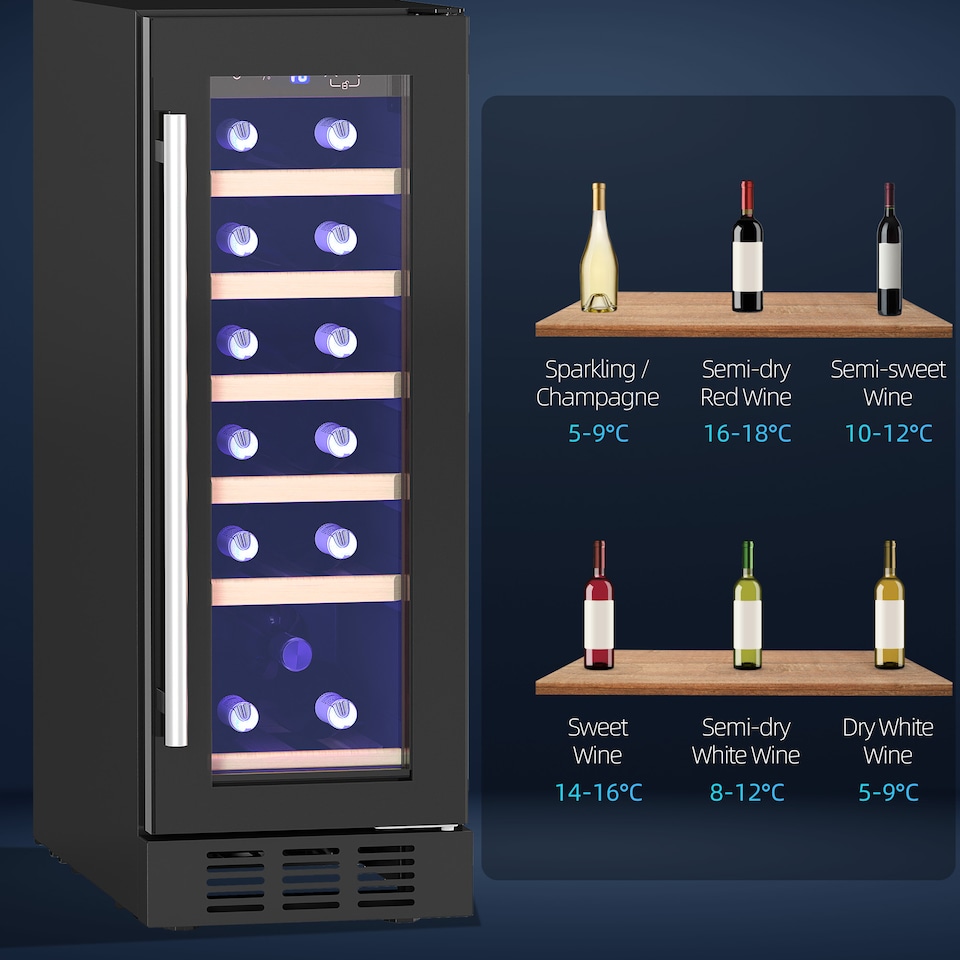 image 1 of HOMCOM Wine Fridge, 19 Bottle, 56L, Built-in and Freestanding, 29.5cm Slimline, Under Counter Compressor Wine Cooler Fridge with Glass Door, LED Light, Touch Screen, Temperature Control