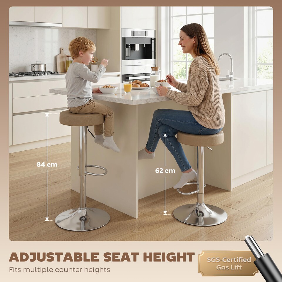 image 1 of HOMCOM Bar Stools Set of 2, Height Adjustable Breakfast Bar Chairs | Brown | Brown | 38.5 x 38.5 x 62-84 cm