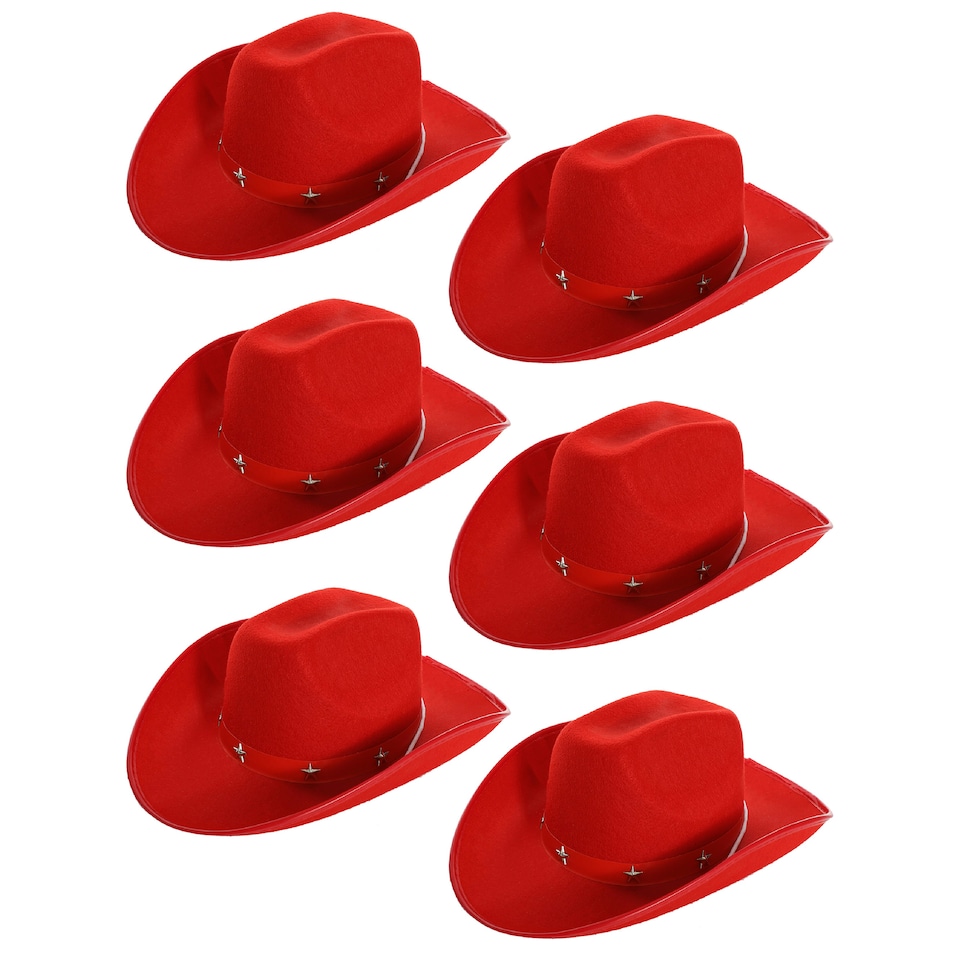 image 1 of Adults Red Star Cowboy Hats – Pack of 6 Fancy Dress Accessories Red | One Size