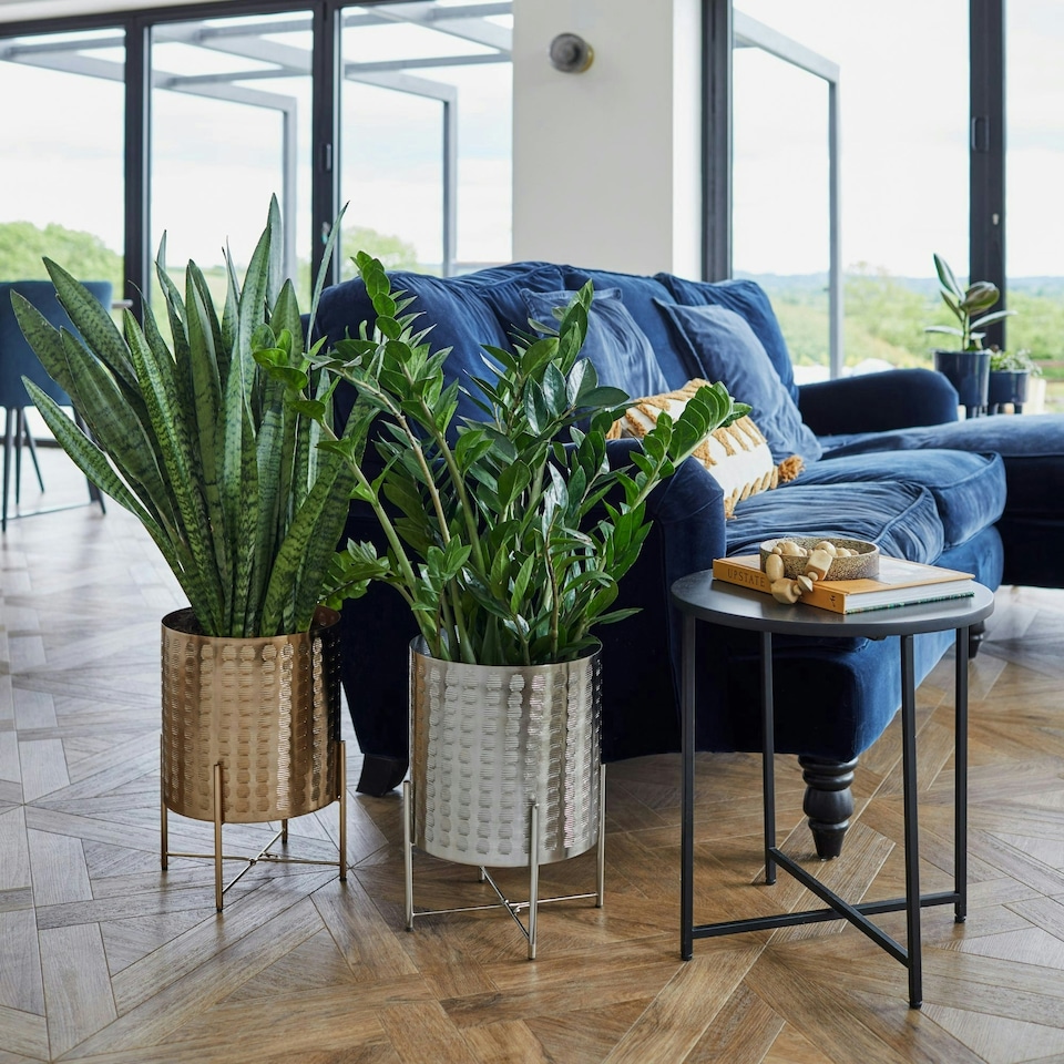 image 1 of Zendaya Embossed Metal Planter with Stand Gold