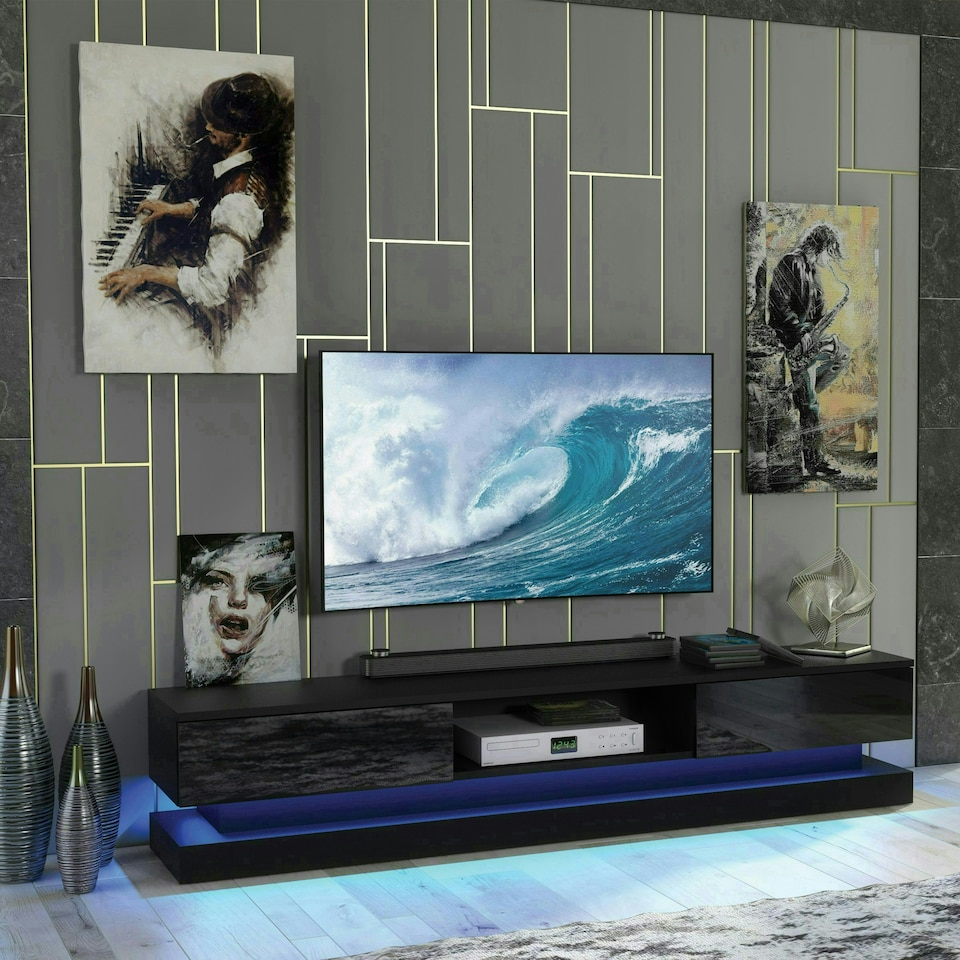 image 1 of TV Unit 180cm Black Gloss Fronts Black Matt Body with LED Platform Black