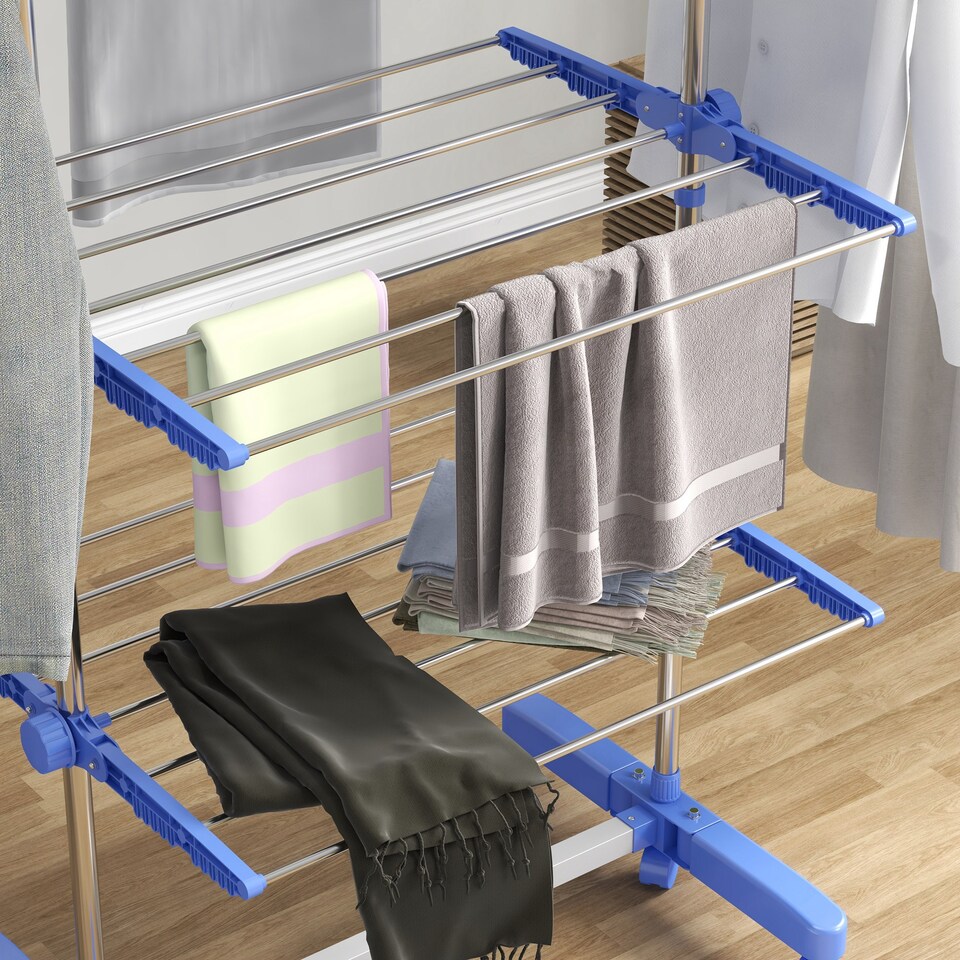 image 1 of HOMCOM 4-Tier Clothes Airer, Stainless Steel Foldable Clothes Drying Rack with Wheels and Wings, Indoor and Outdoor, Easy Assembly, 142 x 55 x 172cm, Blue