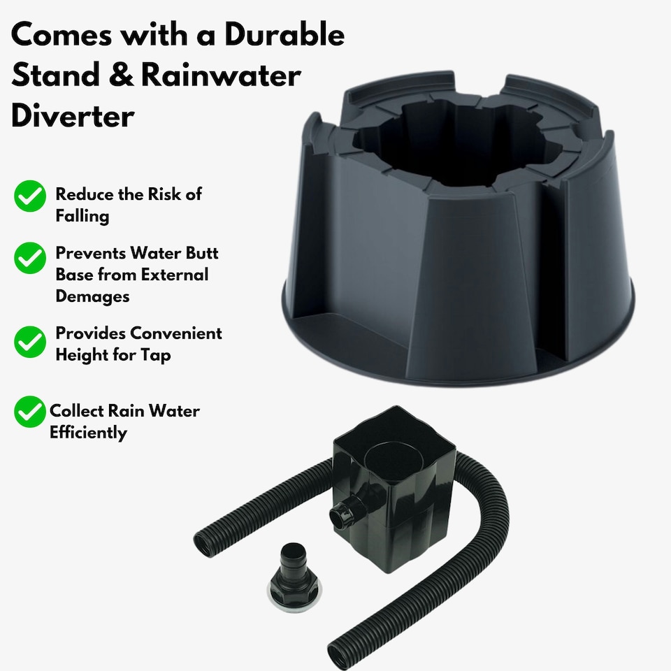 image 1 of Water Butt Kit with Tap, Diverter & Bio Cleaner – Rainwater Collector for Garden, Balcony & Terrace – Durable Plastic Water Storage Tank | Black | 210L