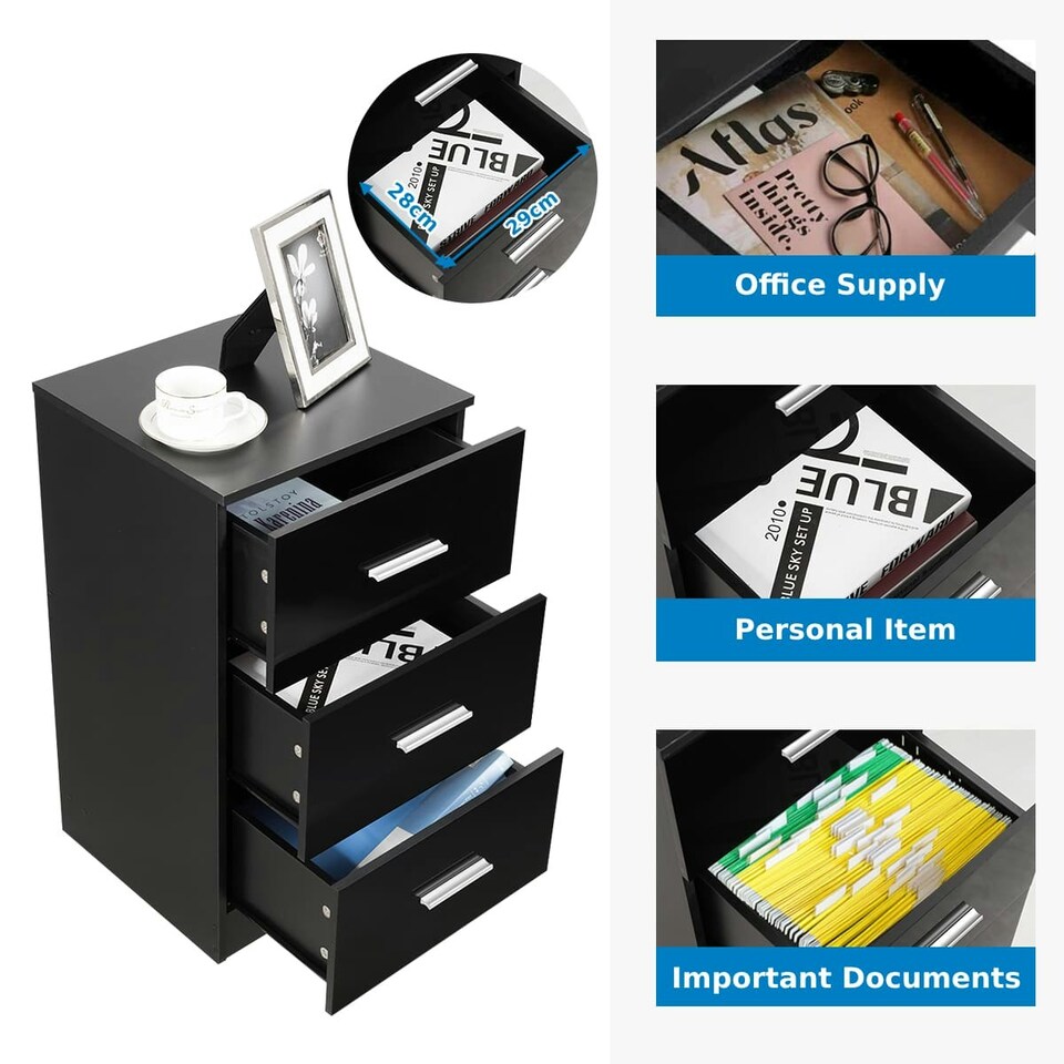 image 1 of COSTWAY 2Pcs NightStand 3-Drawer Chest Storage Dresser Black Black