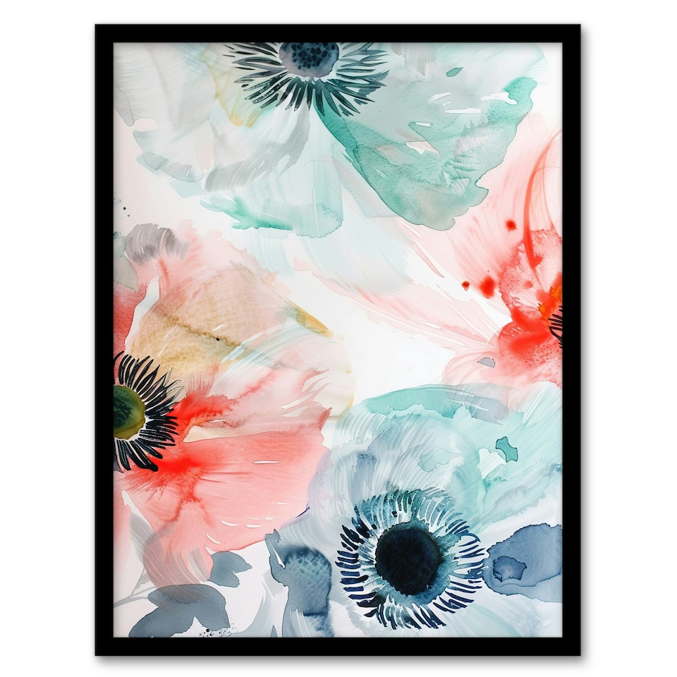 image 1 of Poppy Flowers Teal Red Light Watercolour Home Decor Black Framed Wall Art Print A4