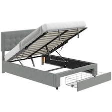 HOMCOM Upholstered Ottoman Bed with Storage Drawer and Adjustable Headboard, 4ft6 Double Size Bed Frame with Gas Lift End Opening, Wooden Slats, No Mattress, Grey