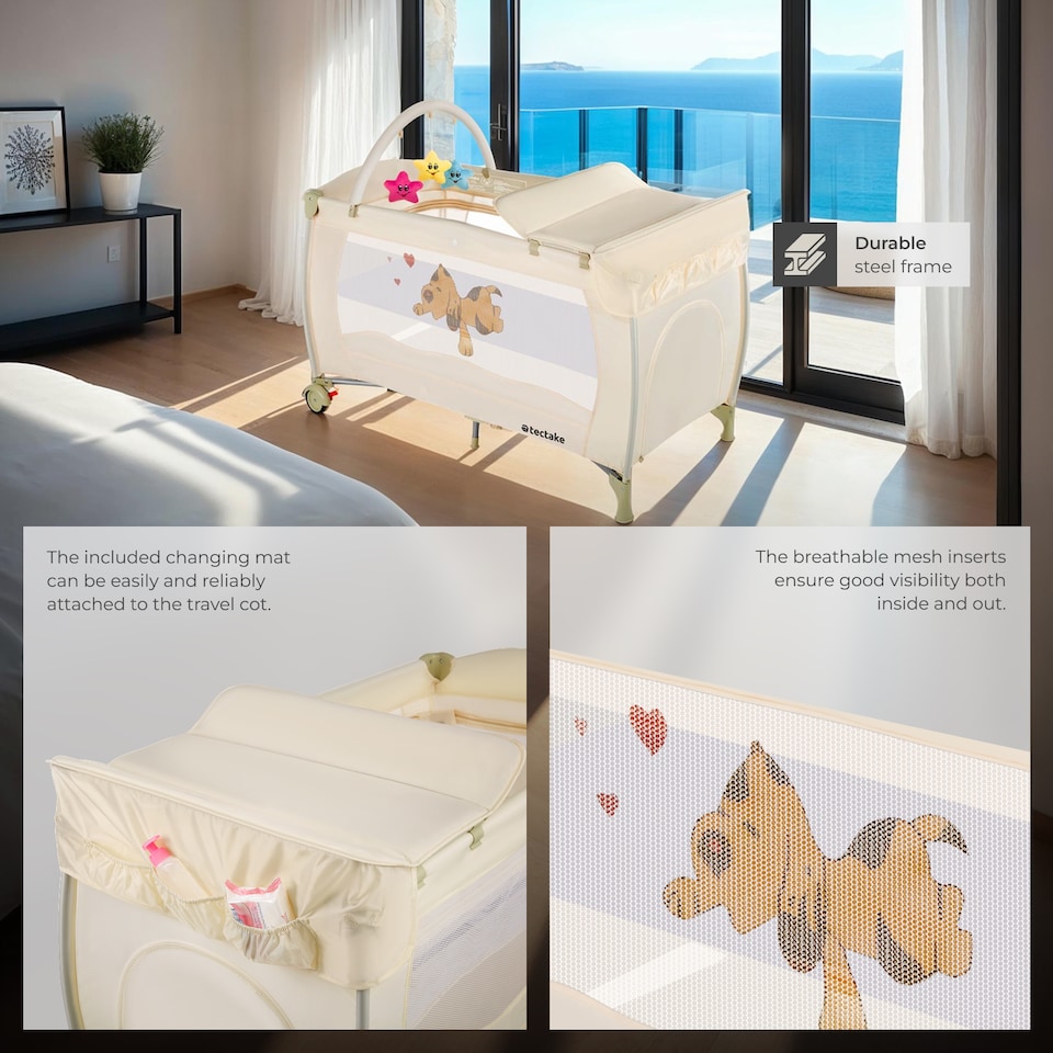image 1 of Travel Cot Dog - foldable, with changing mat, for children up to 36 months | Cream | beige | 132 x 75 x 104 cm | 1