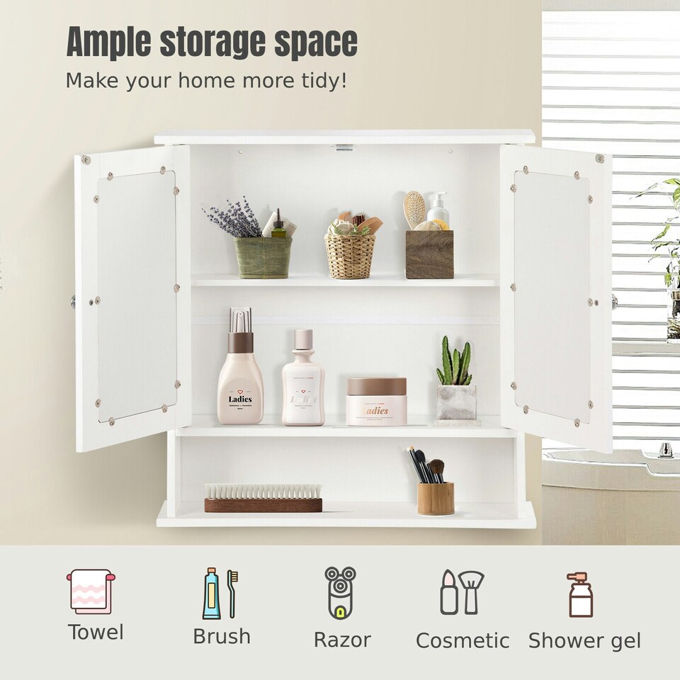 image 1 of COSTWAY Wall Mounted Bathroom Mirror Cabinet Storage White White