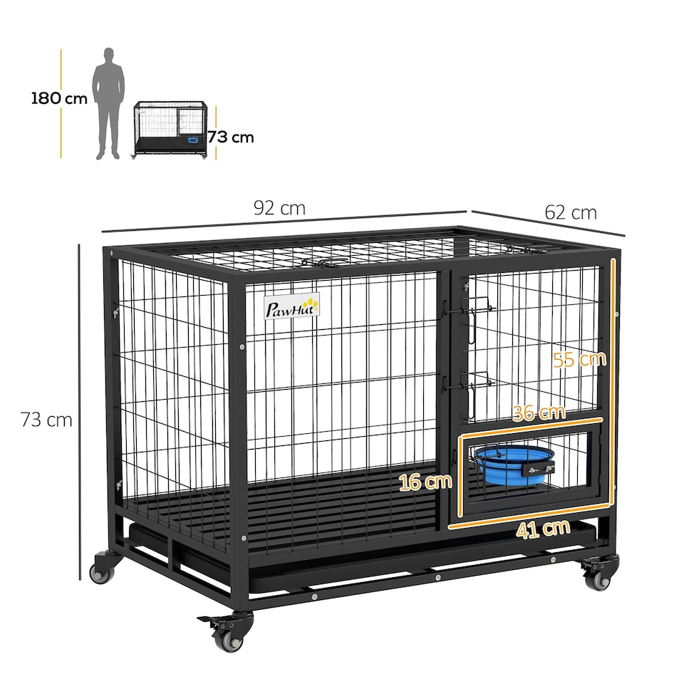 image 1 of PawHut 36" Heavy Duty Dog Crate on Wheels w/ Bowl Holder, Removable Tray