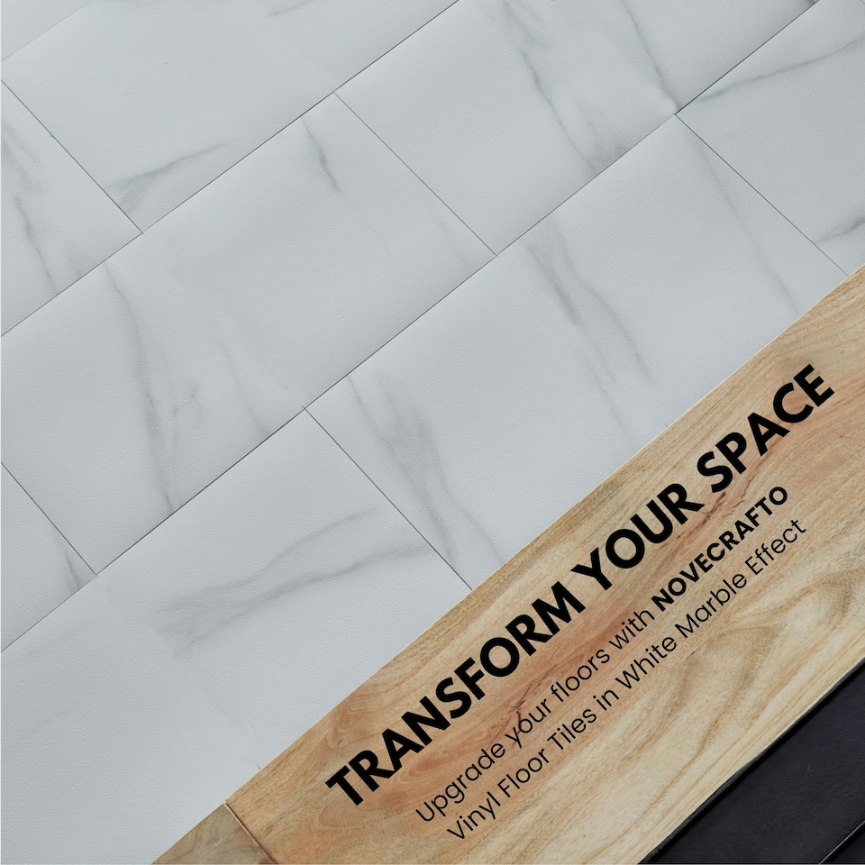 image 1 of NOVECRAFTO Vinyl Floor Tiles Self Adhesive – 12x24in Peel and Stick Waterproof Rectangular Flooring for Kitchen & Bathroom – White Marble Effect Design White | 3.71 sqm