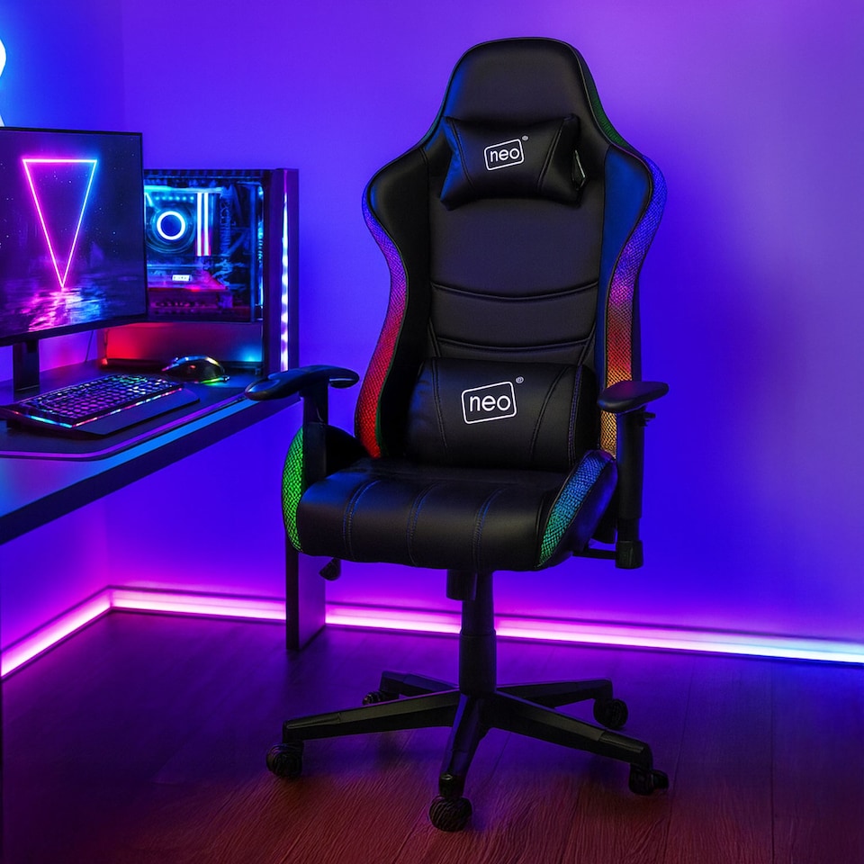 image 1 of Neo Black Leather Gaming Chair with LED Lights