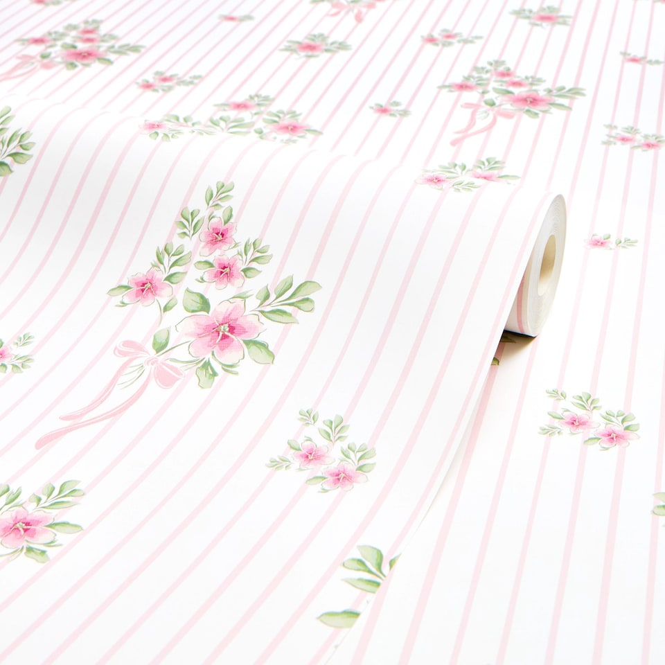 image 1 of Floral Bouquet Pinstripe Wallpaper in Light Pink and Pink | Pink | Light Pink | 50cm x 10m