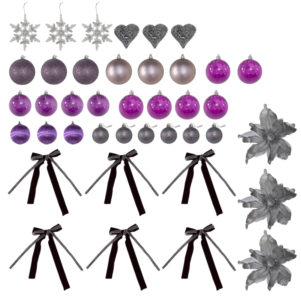image 1 of HOMCOM 5ft Artificial Prelit Christmas Tree with Warm White LED Lights and 486 Tips, Metal Stand, Xmas Tree with Purple Ornaments for Home Office Holiday